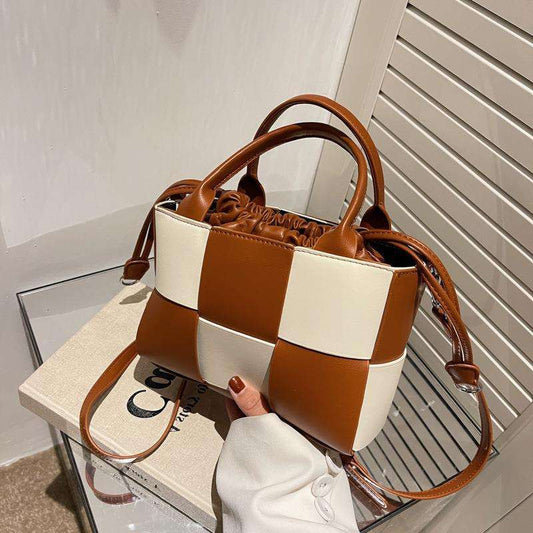 Luxury Leather Woven Bucket  Drawstring Handbag For Female