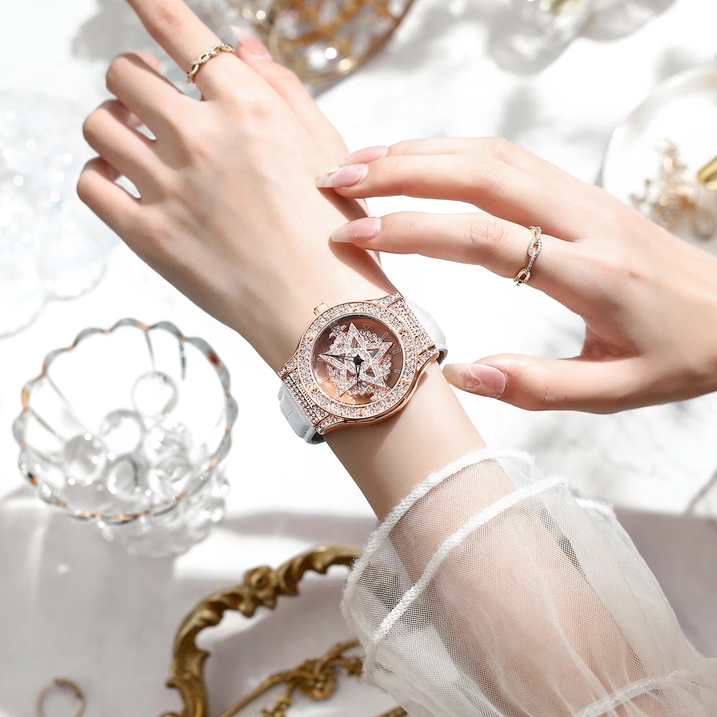 Luxury Diamond Pentacle rotates dial 360 Degrees Wristwatch For Female